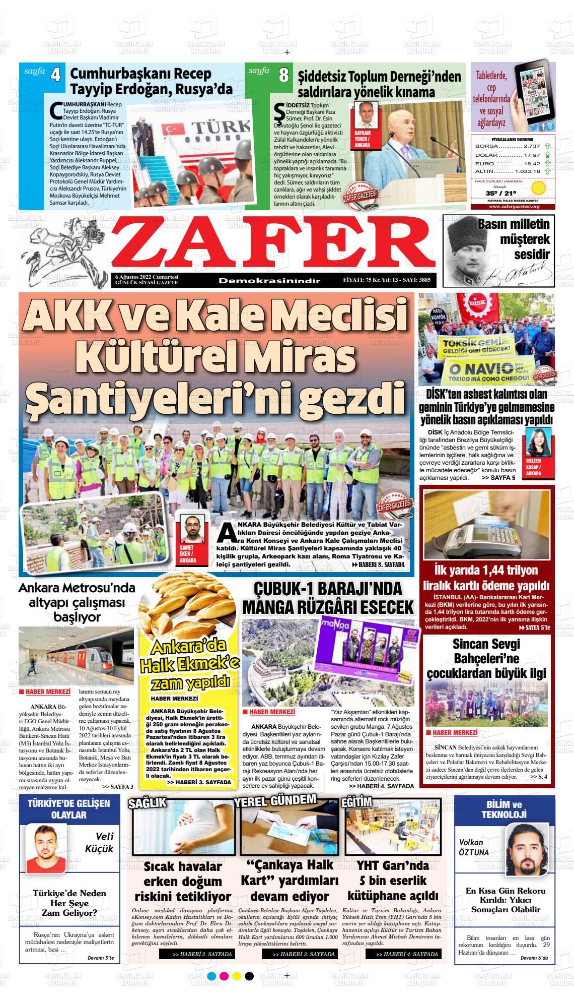 06 Ağustos 2022 Zafer Gazete Manşeti