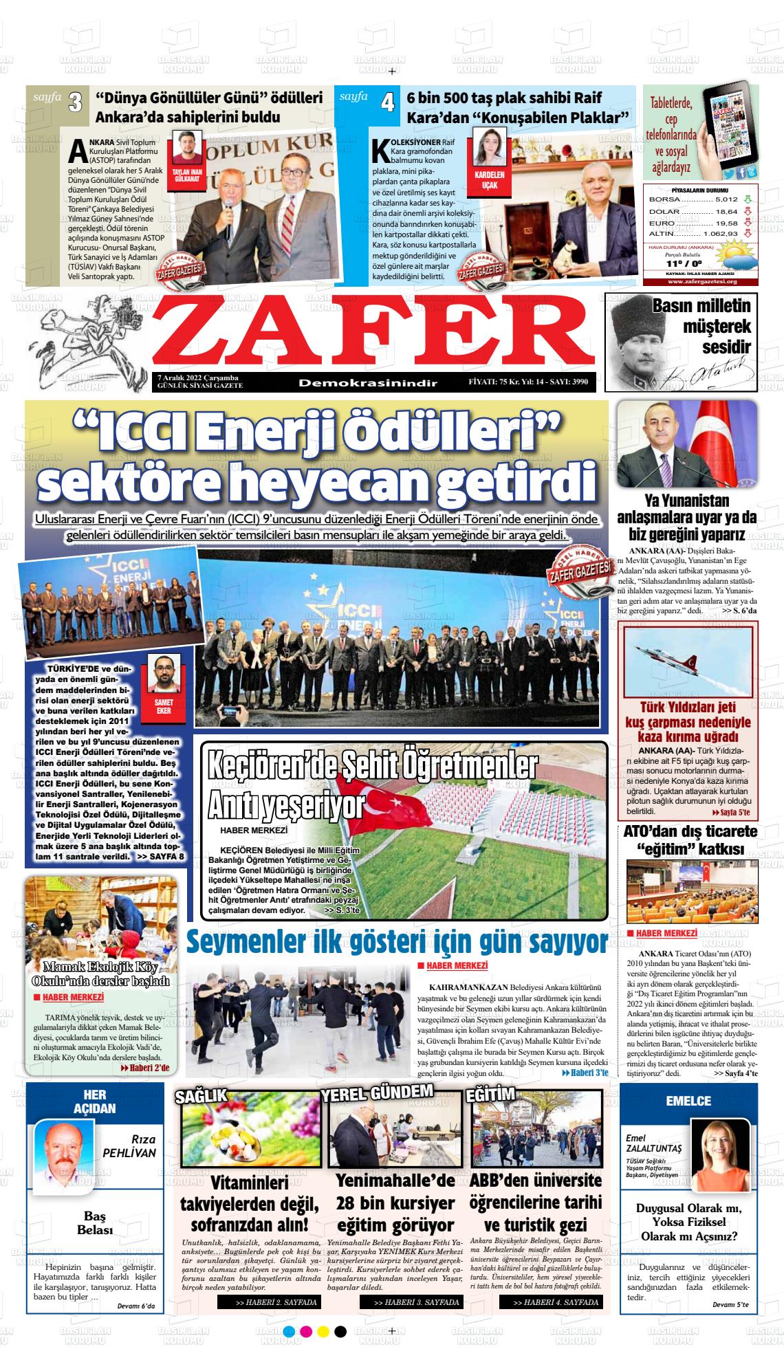 07 Aralık 2022 Zafer Gazete Manşeti