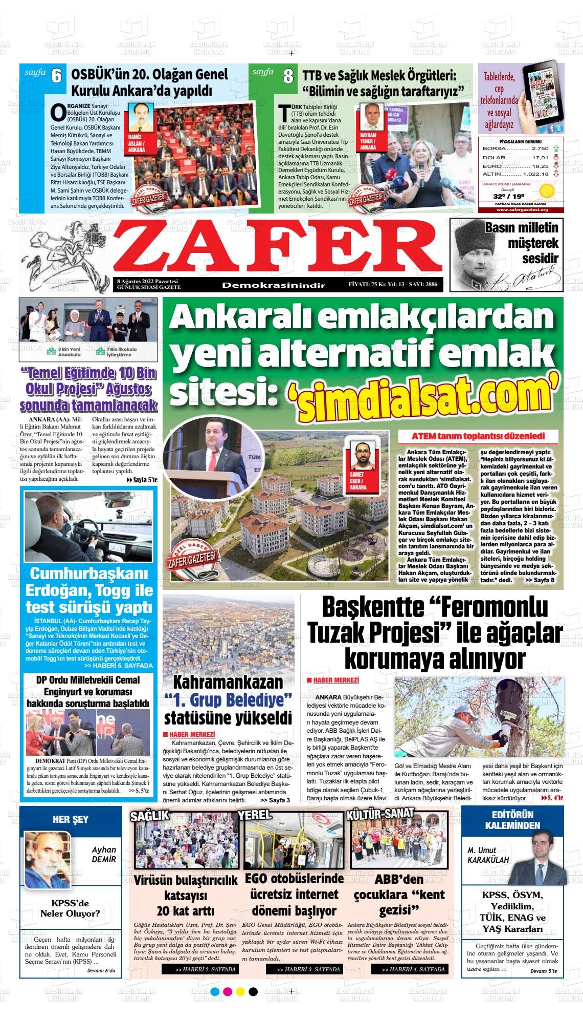 08 Ağustos 2022 Zafer Gazete Manşeti