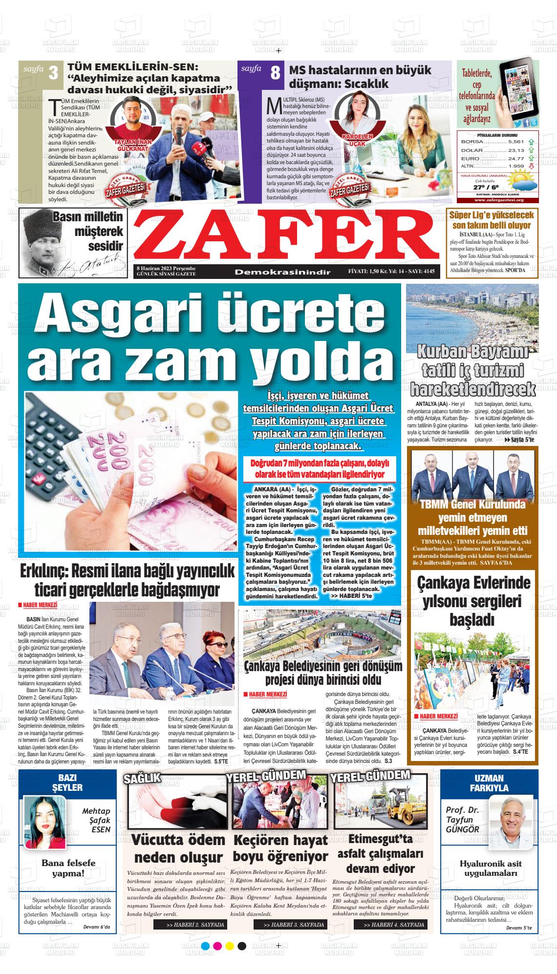 08 Haziran 2023 Zafer Gazete Manşeti