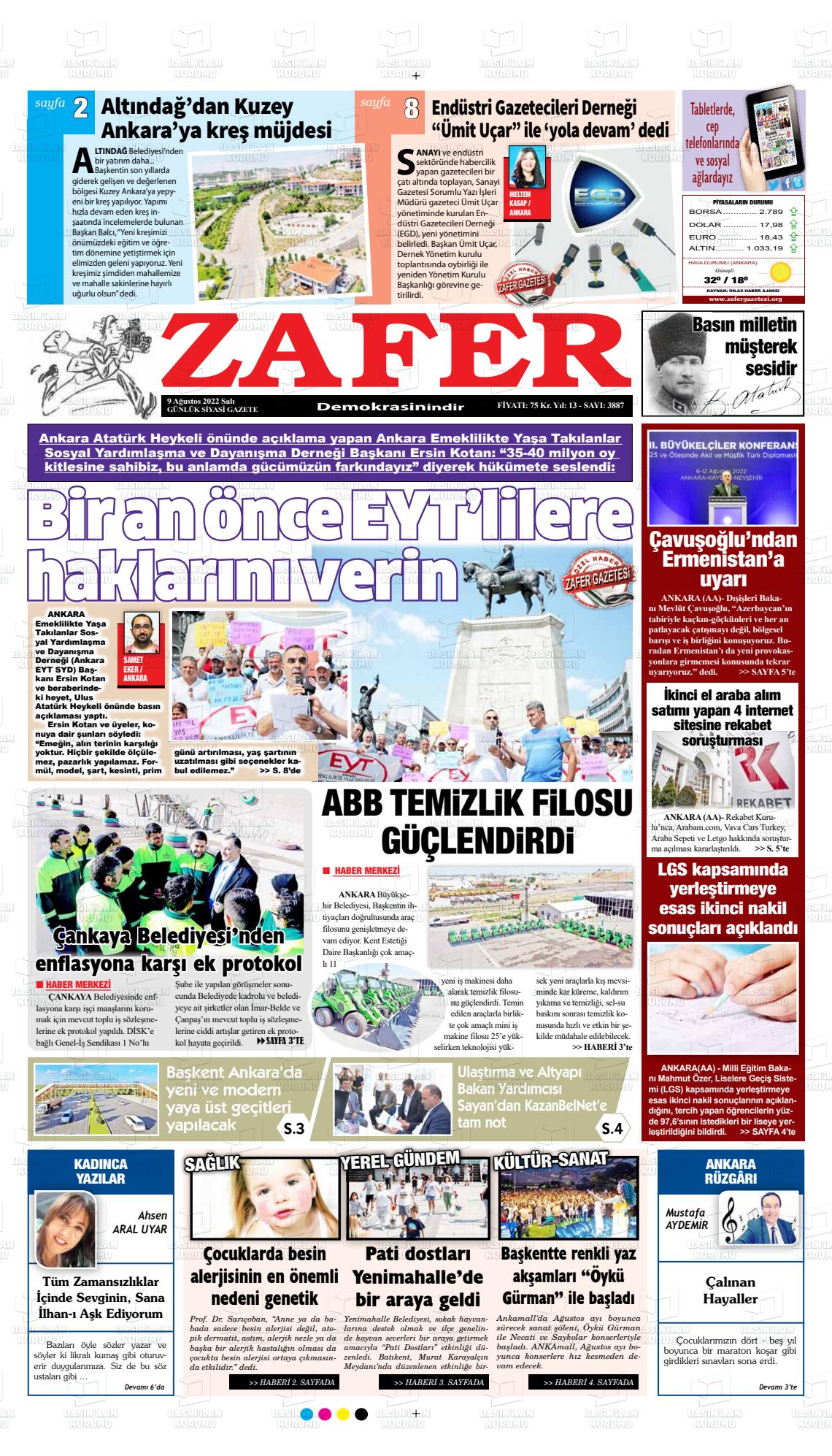 09 Ağustos 2022 Zafer Gazete Manşeti
