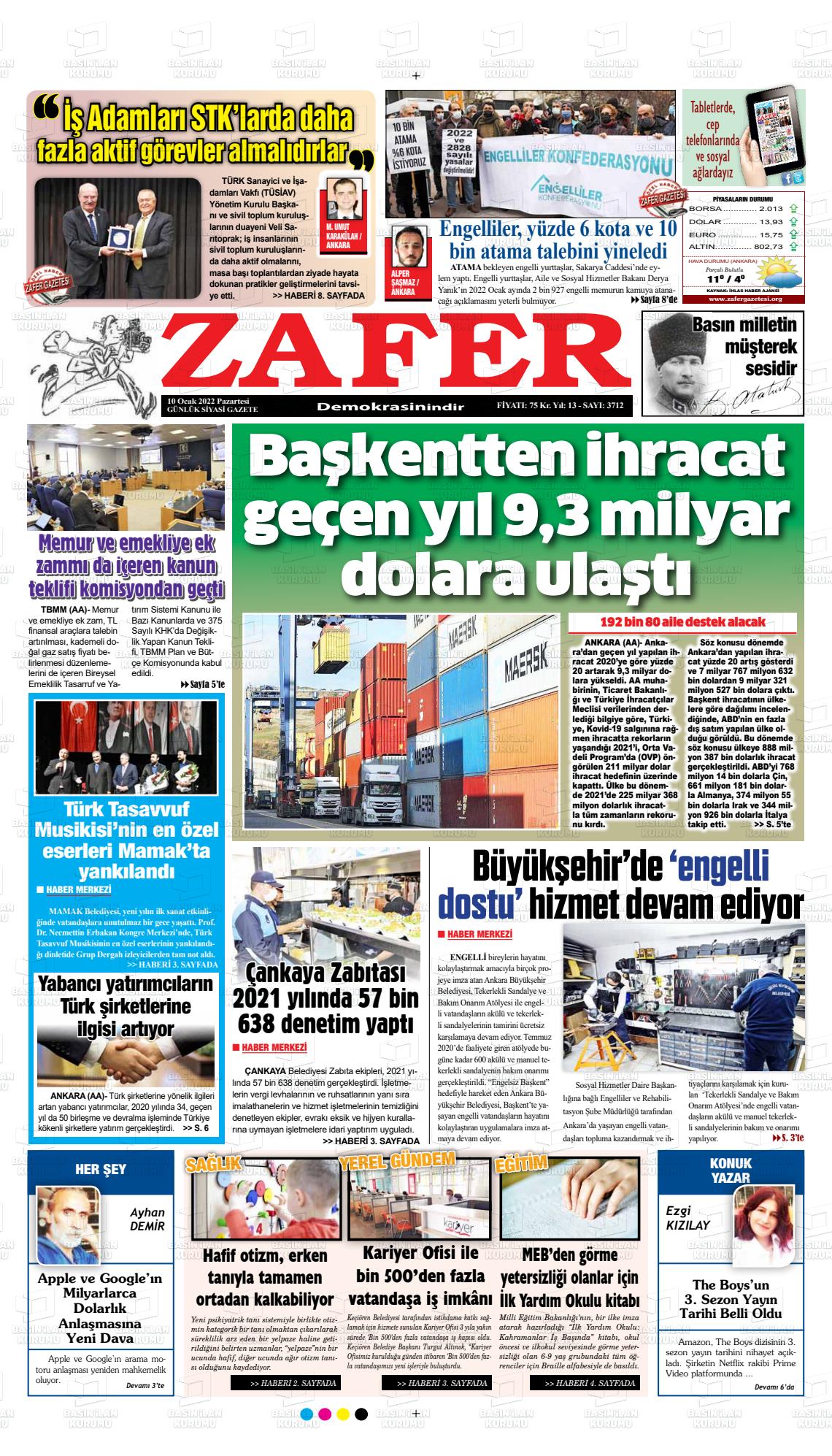 10 Ocak 2022 Zafer Gazete Manşeti
