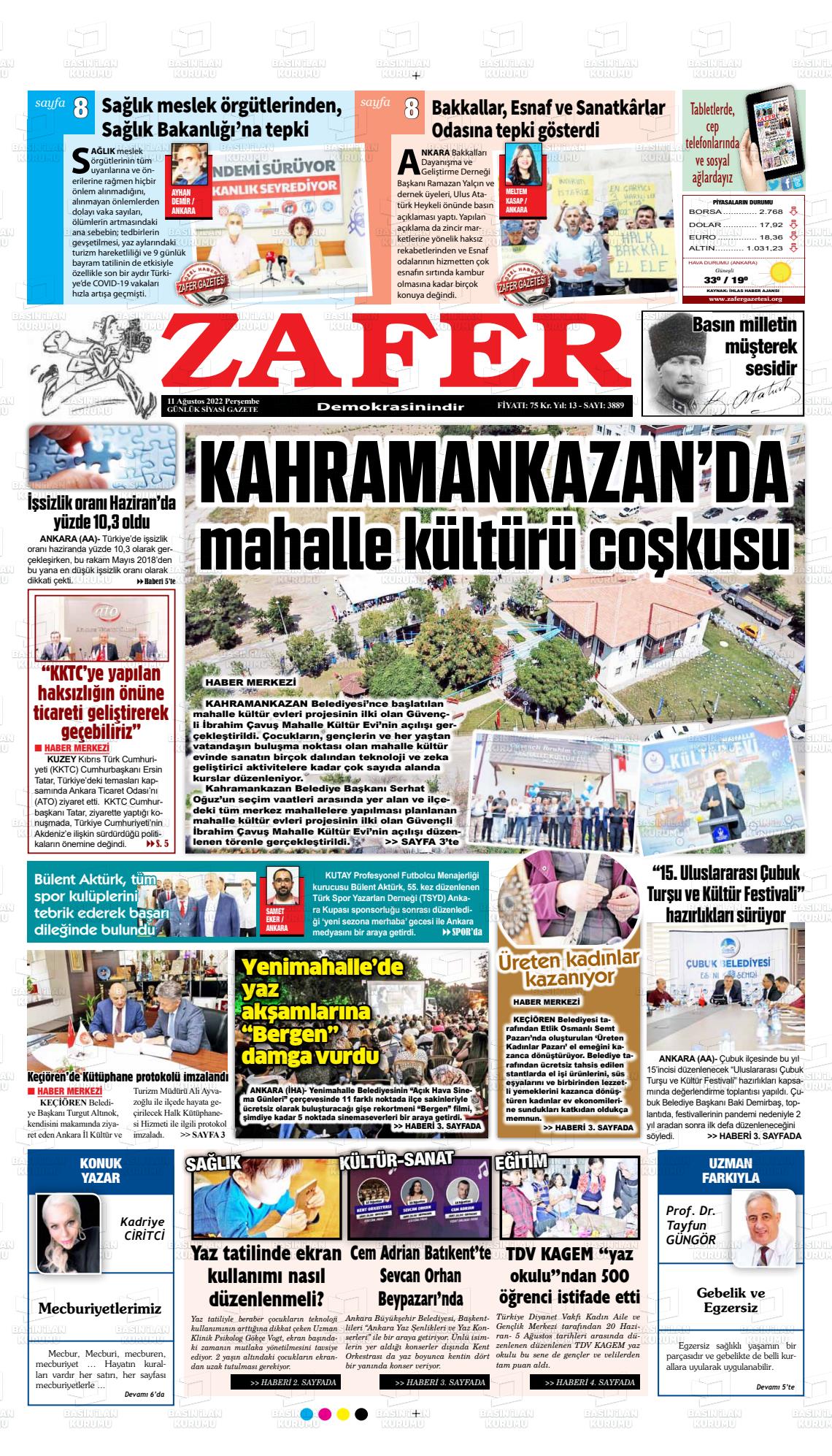 11 Ağustos 2022 Zafer Gazete Manşeti