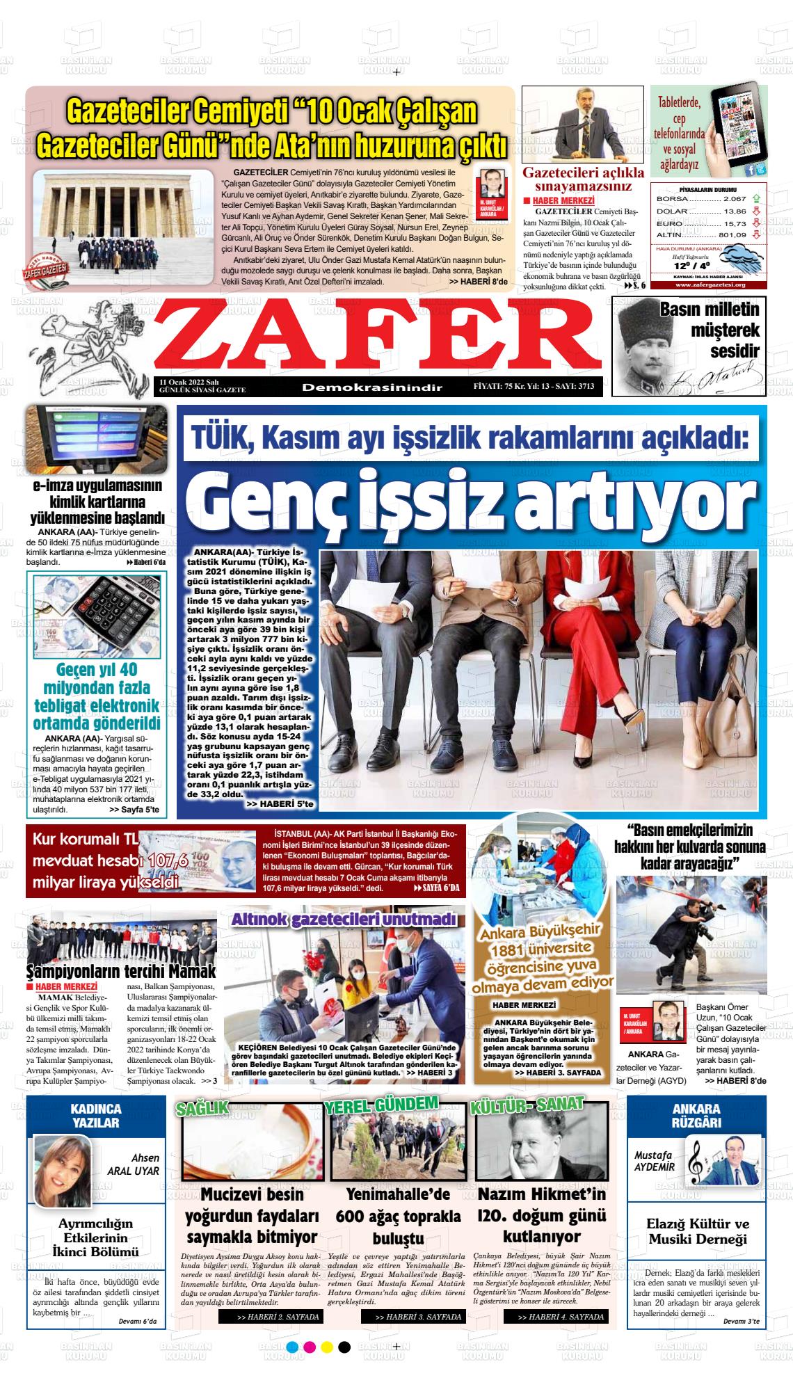 11 Ocak 2022 Zafer Gazete Manşeti