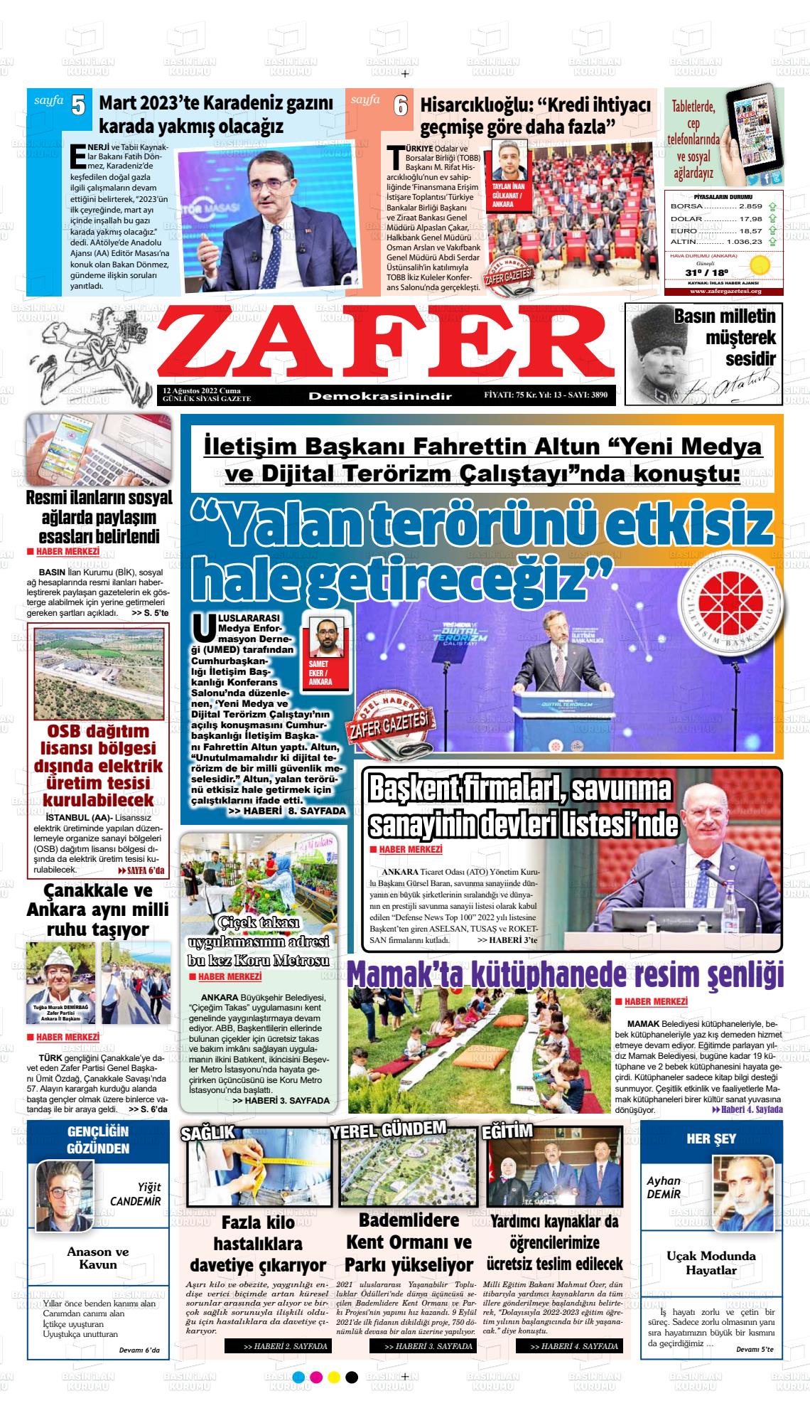 12 Ağustos 2022 Zafer Gazete Manşeti