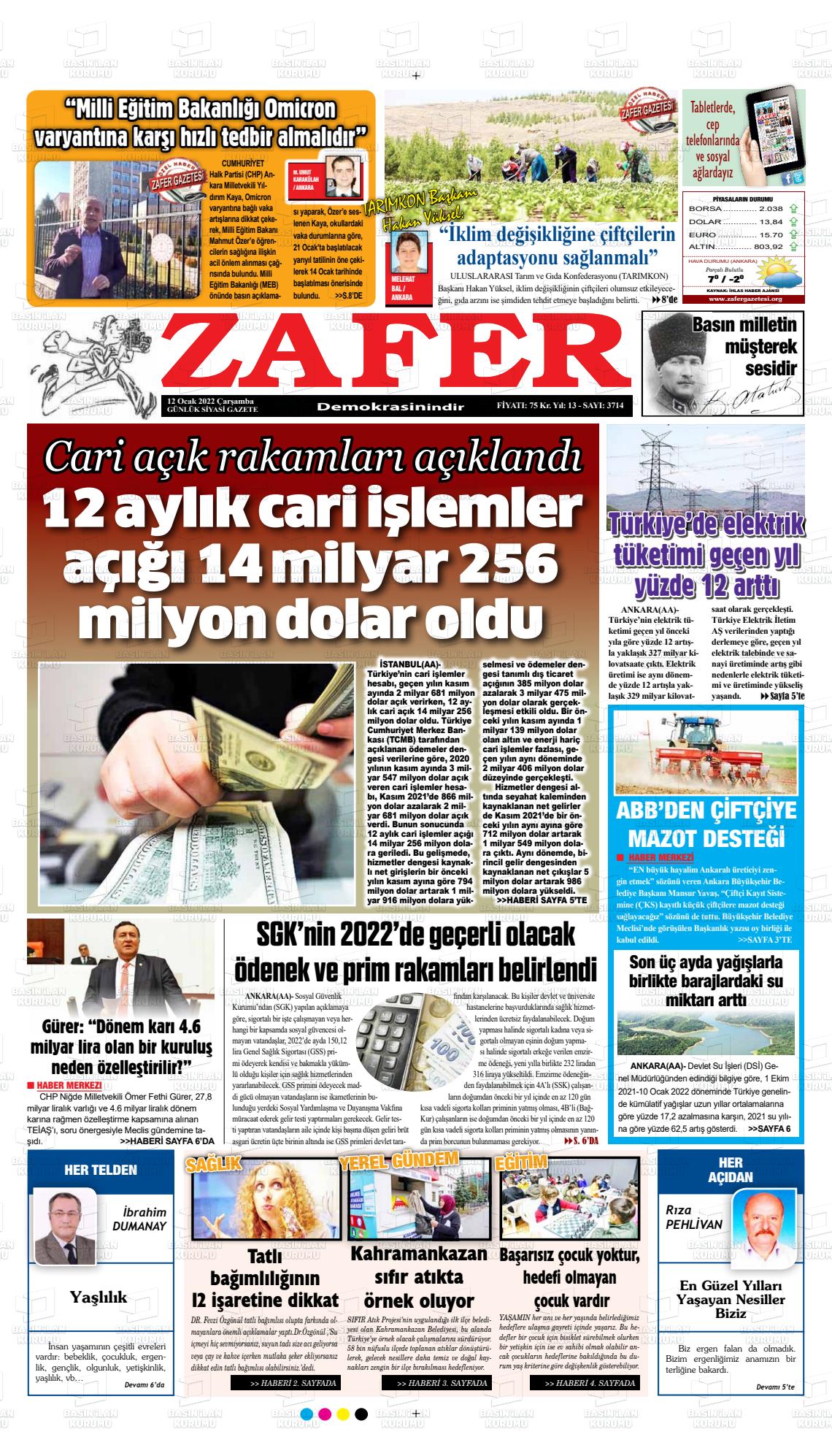 12 Ocak 2022 Zafer Gazete Manşeti