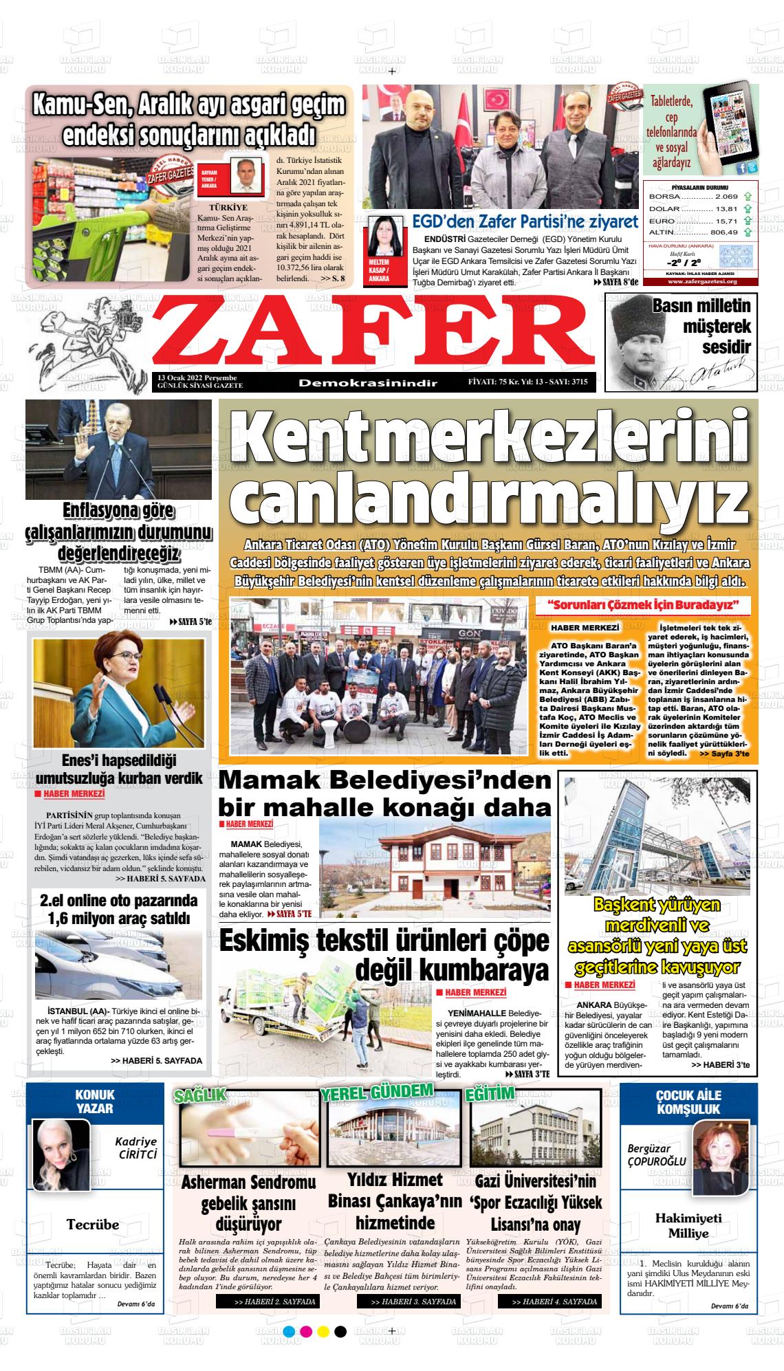 13 Ocak 2022 Zafer Gazete Manşeti