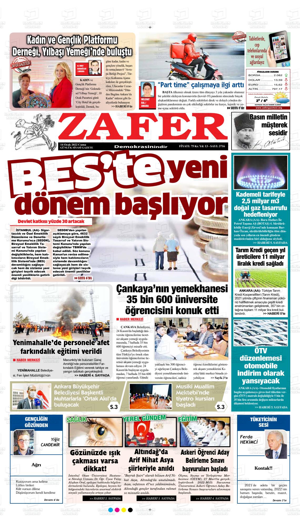 14 Ocak 2022 Zafer Gazete Manşeti
