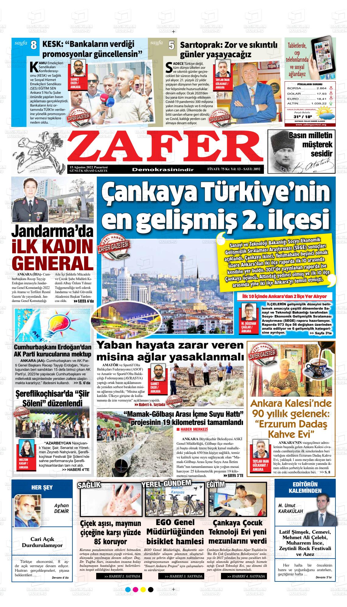 15 Ağustos 2022 Zafer Gazete Manşeti