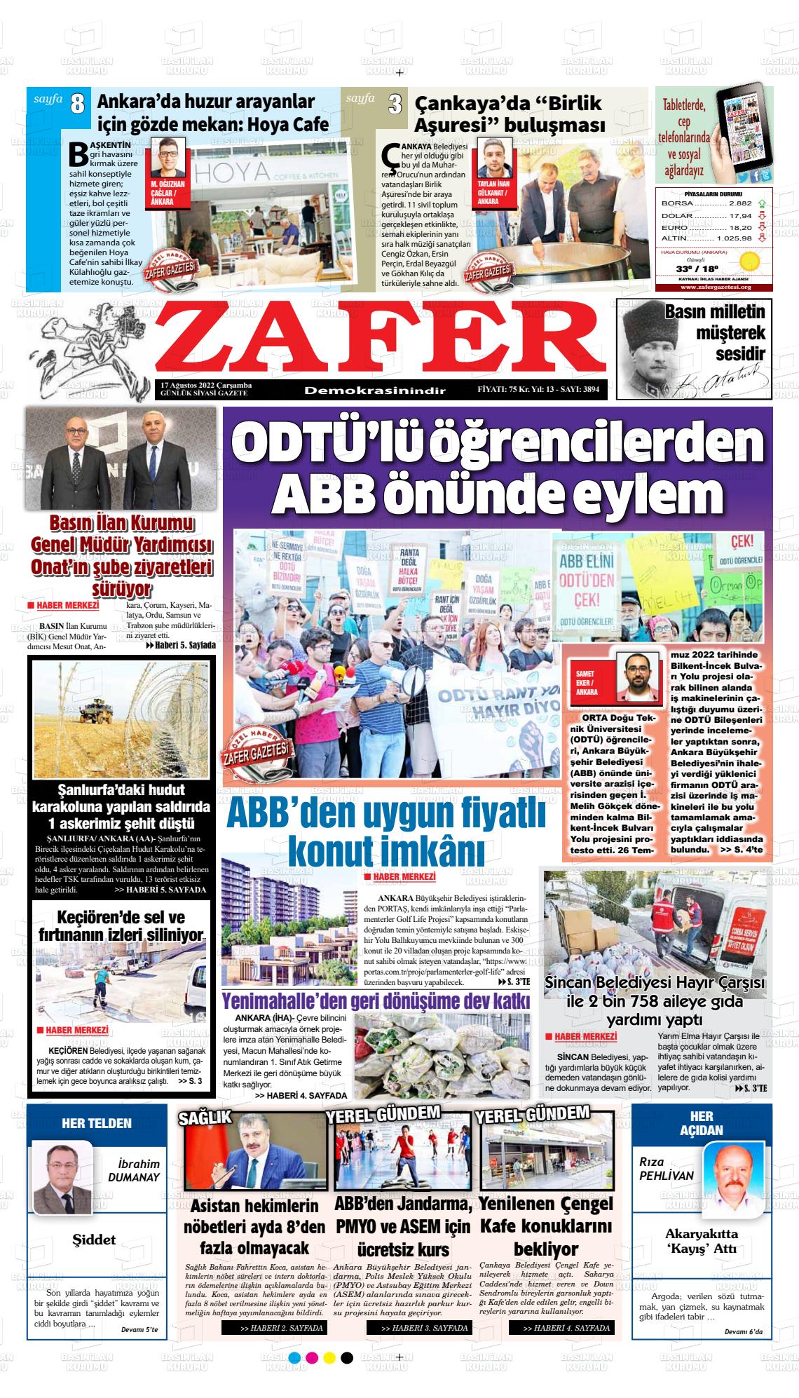 17 Ağustos 2022 Zafer Gazete Manşeti