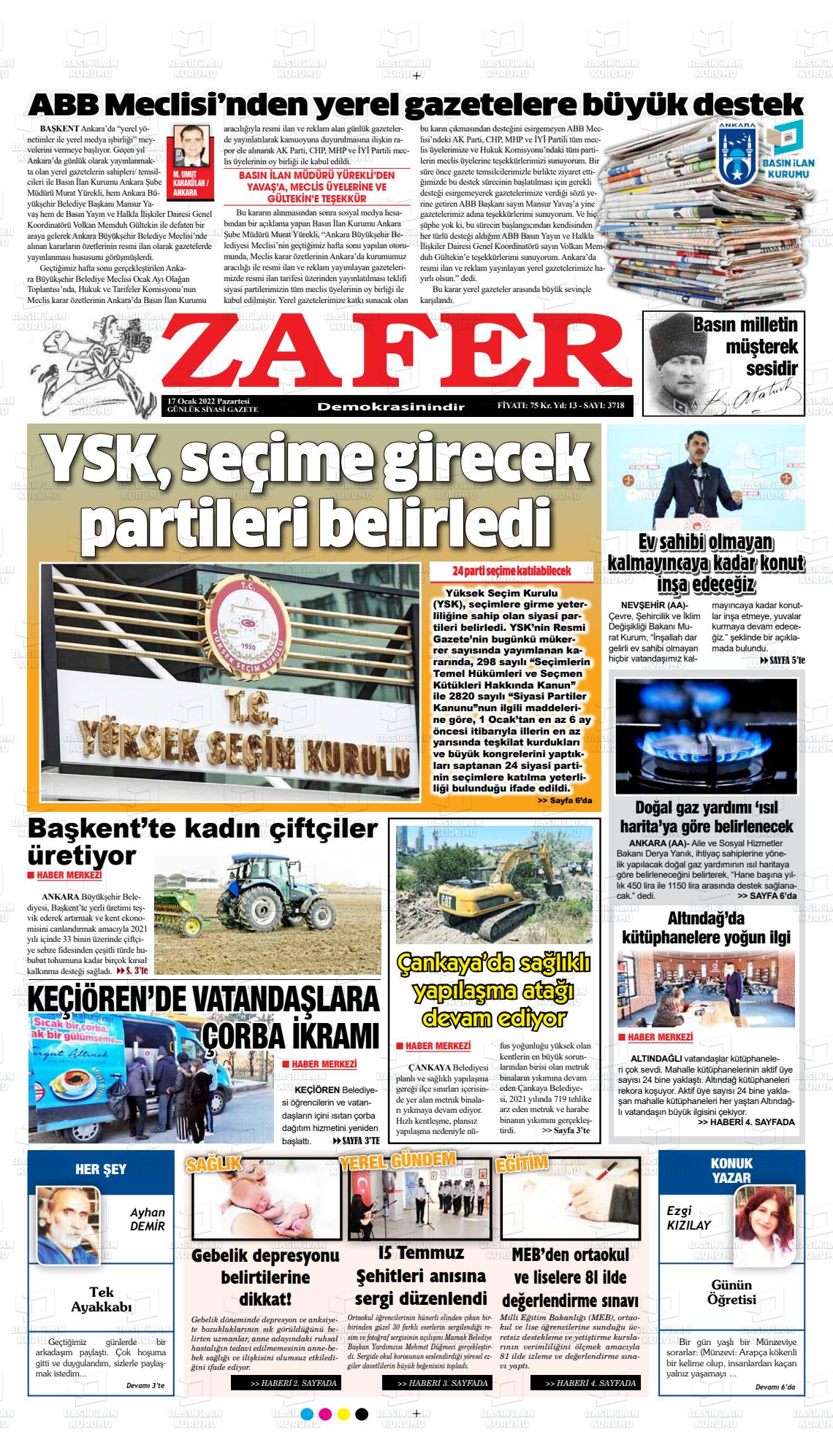 17 Ocak 2022 Zafer Gazete Manşeti