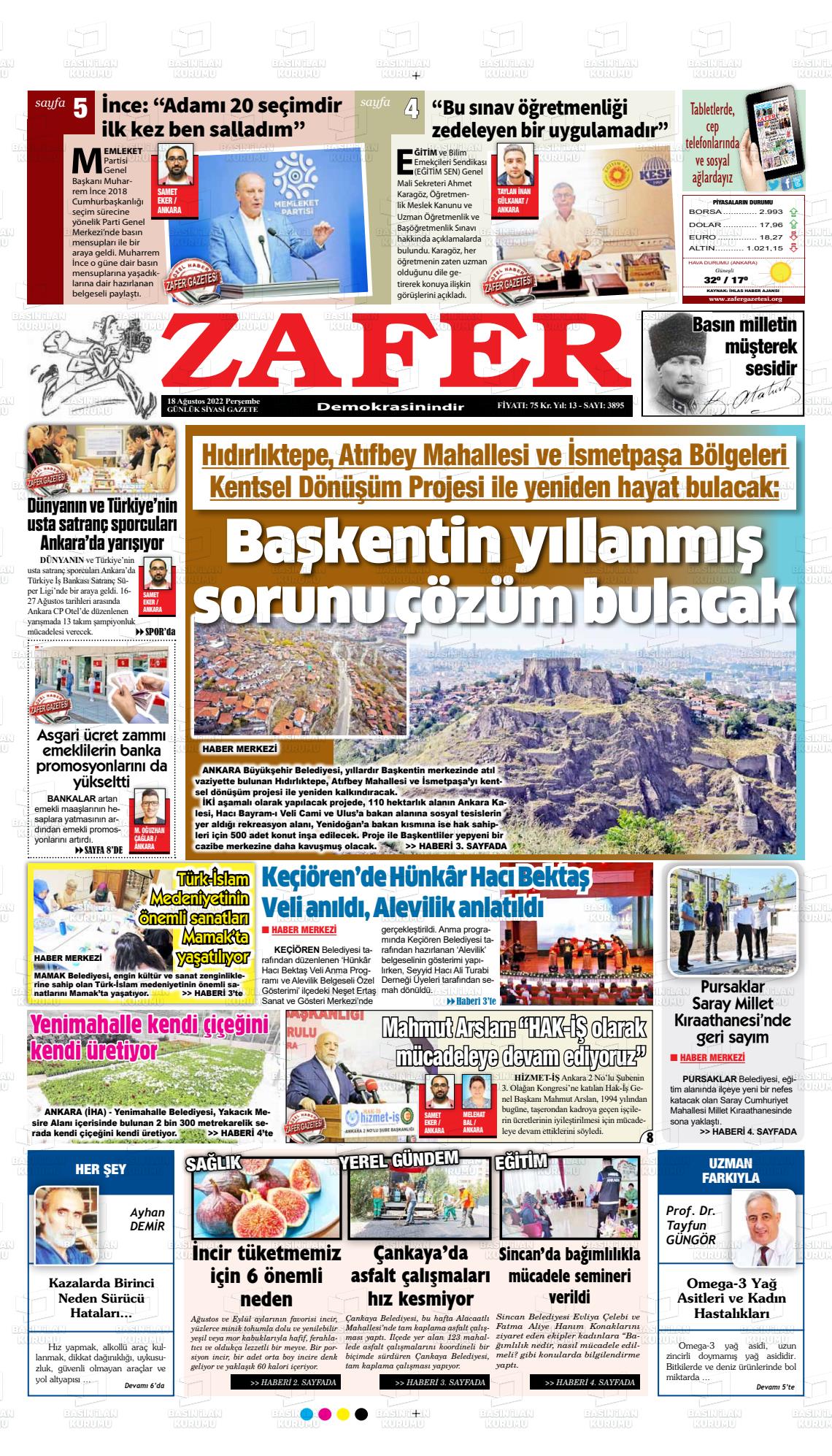 18 Ağustos 2022 Zafer Gazete Manşeti