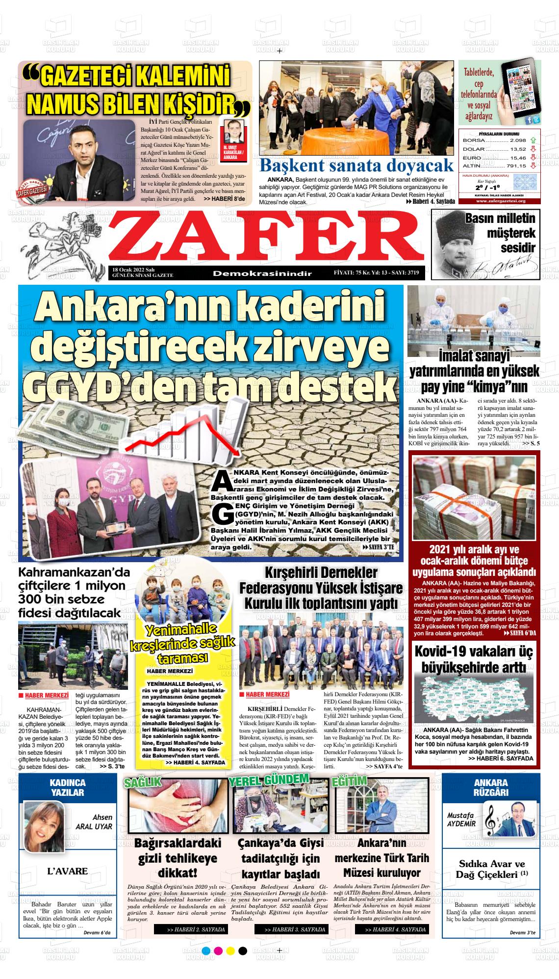 18 Ocak 2022 Zafer Gazete Manşeti