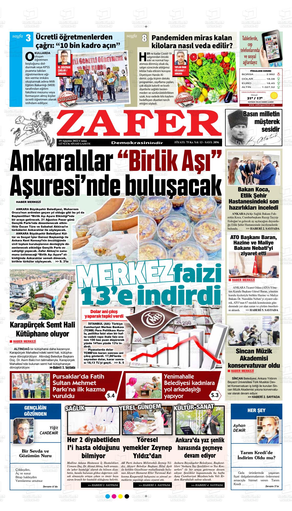 19 Ağustos 2022 Zafer Gazete Manşeti