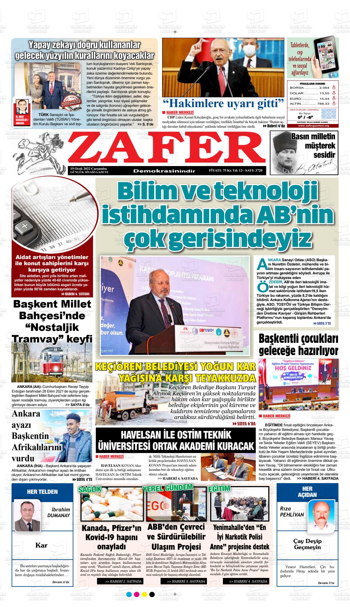 19 Ocak 2022 Zafer Gazete Manşeti