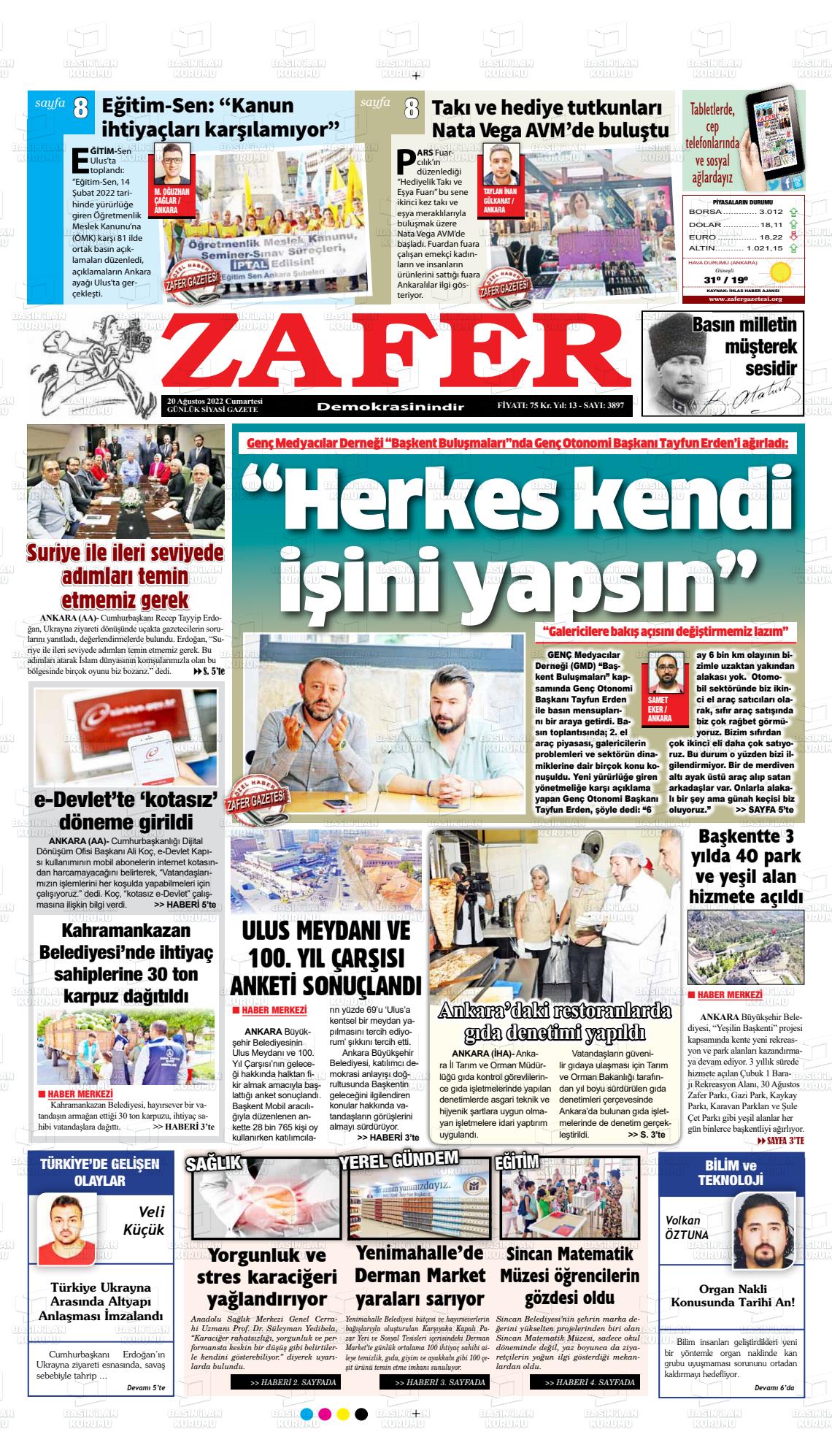 20 Ağustos 2022 Zafer Gazete Manşeti