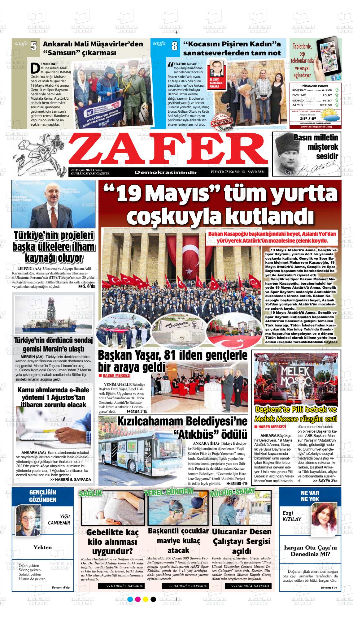 20 Mayıs 2022 Zafer Gazete Manşeti
