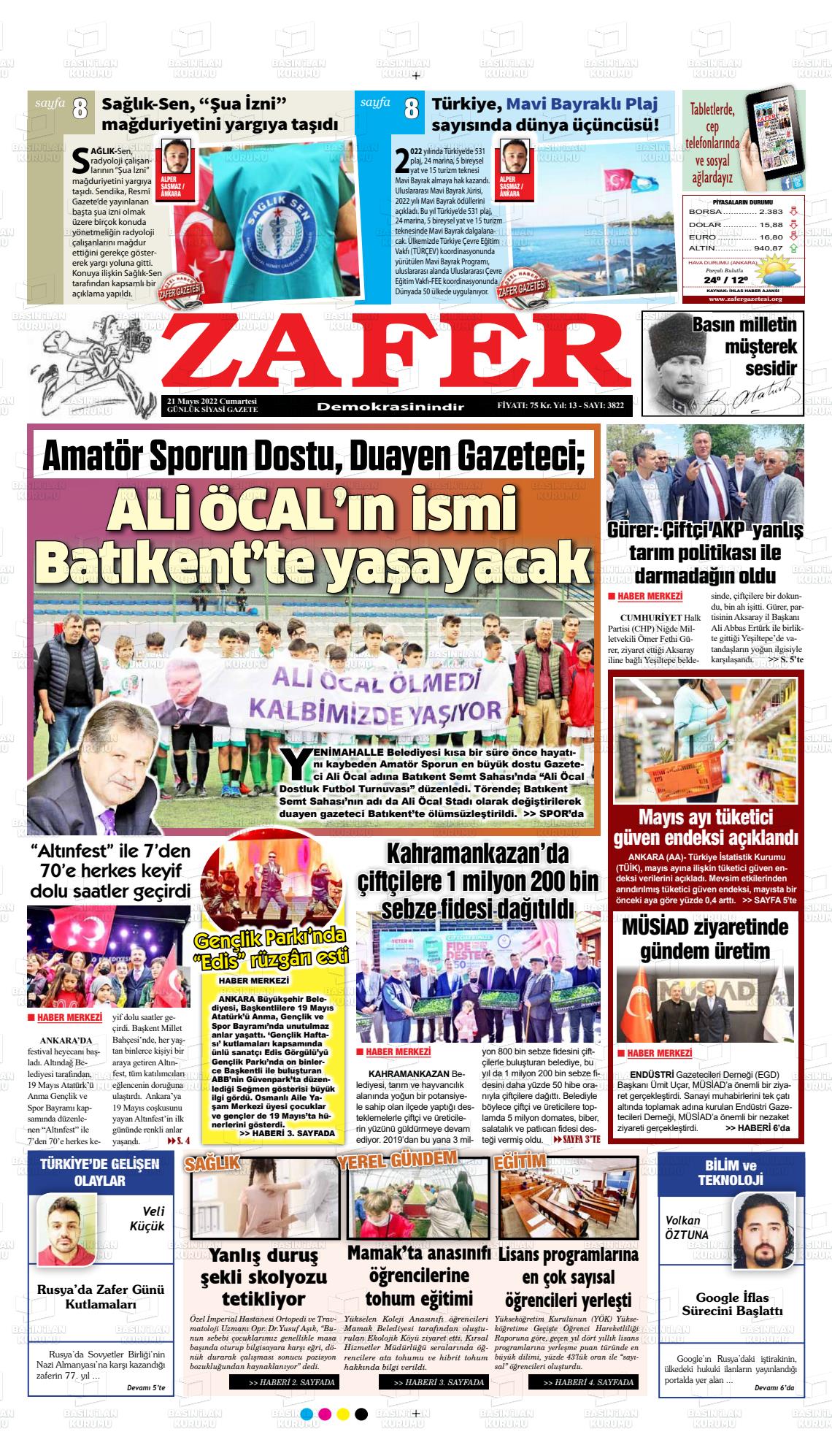 21 Mayıs 2022 Zafer Gazete Manşeti