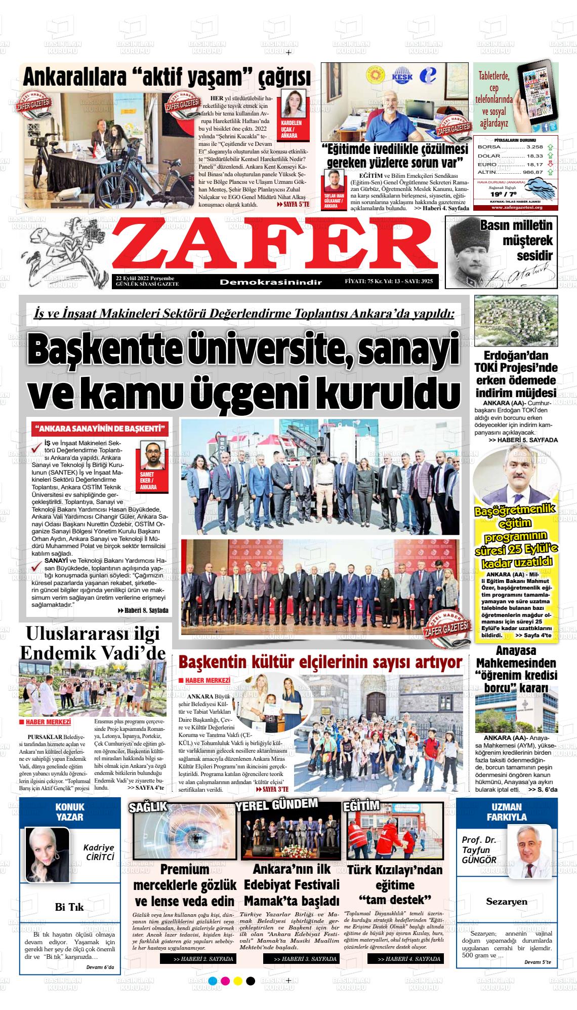 22 Eylül 2022 Zafer Gazete Manşeti