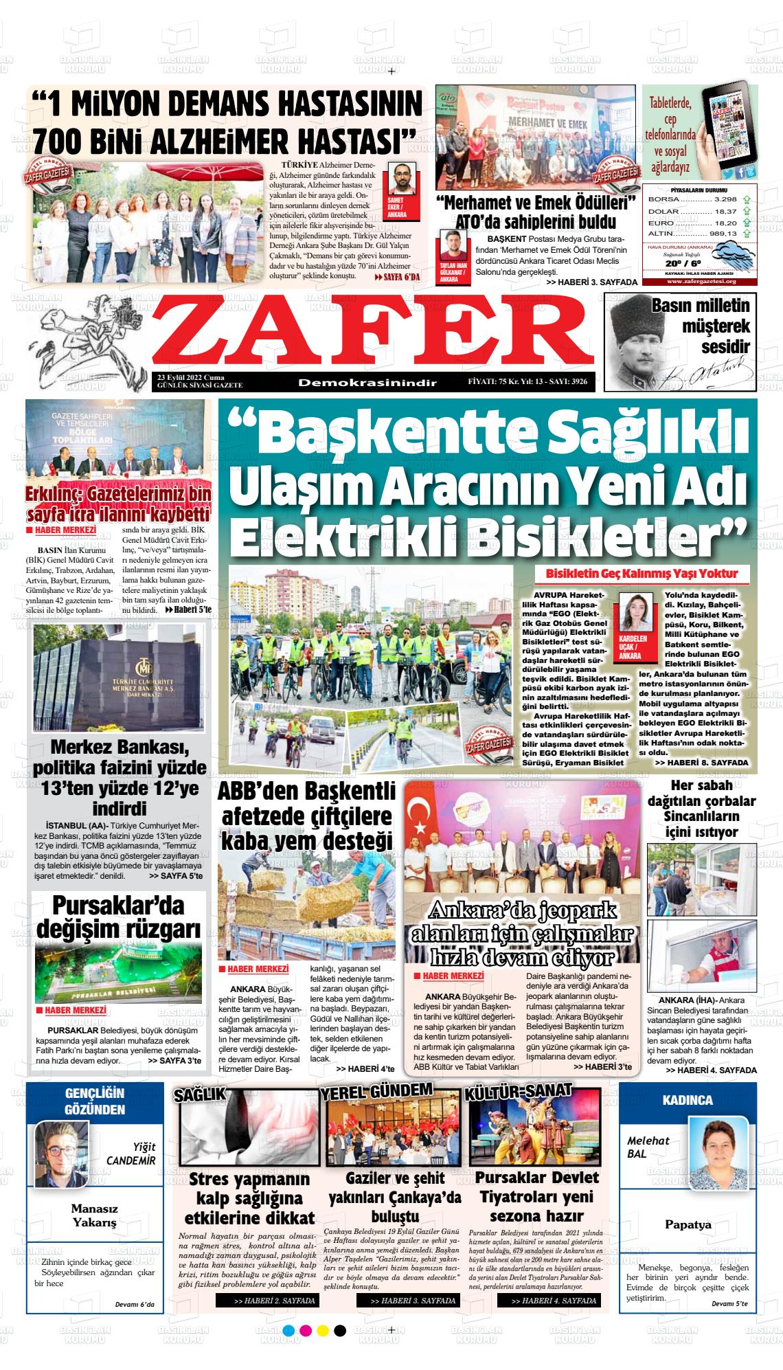 23 Eylül 2022 Zafer Gazete Manşeti