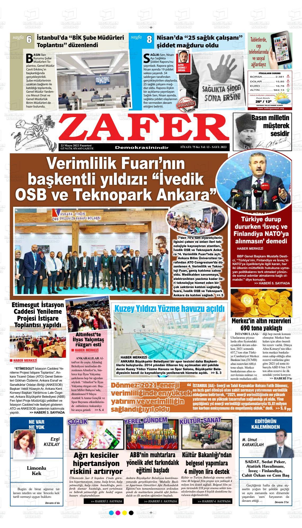 23 Mayıs 2022 Zafer Gazete Manşeti