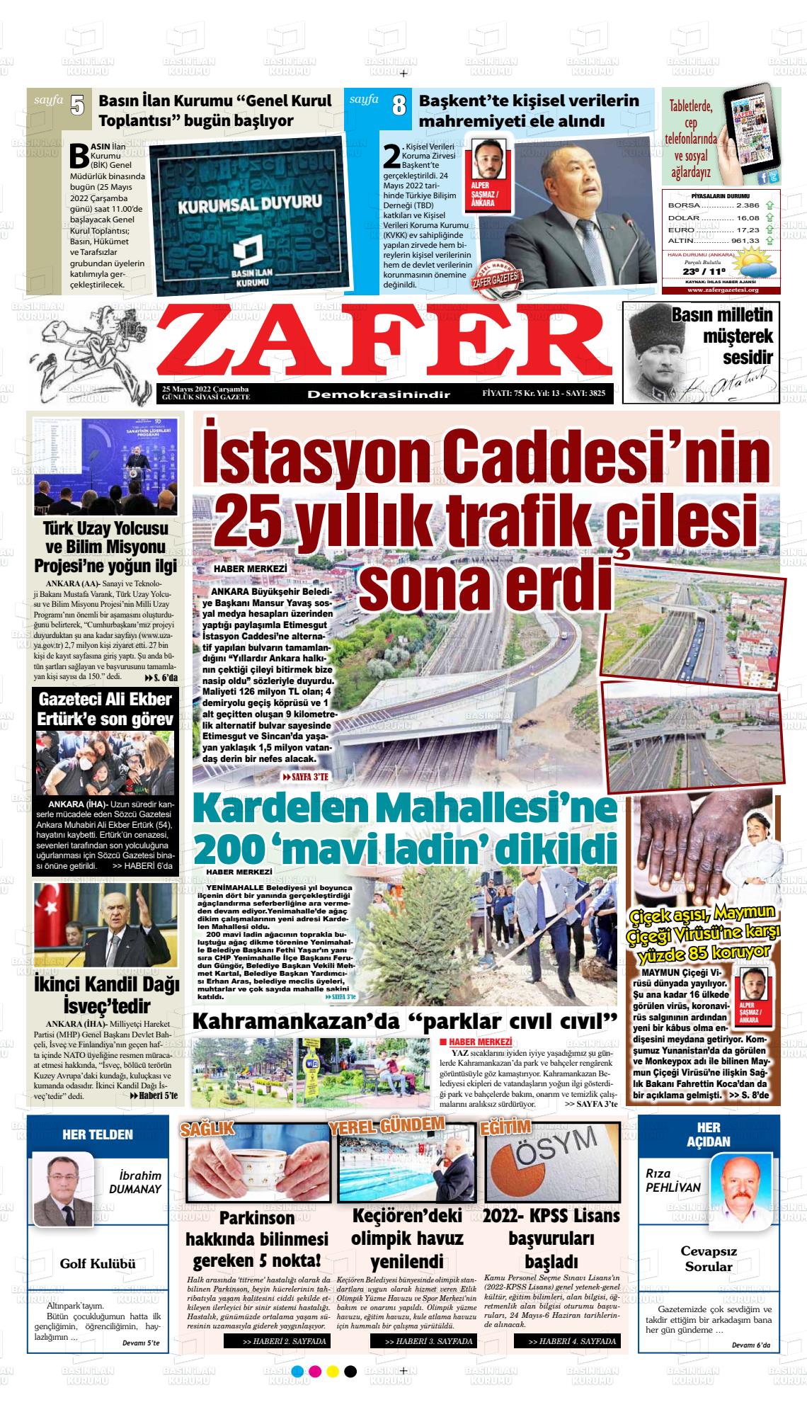 25 Mayıs 2022 Zafer Gazete Manşeti