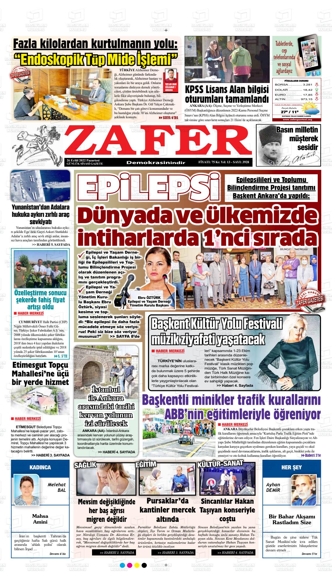 26 Eylül 2022 Zafer Gazete Manşeti