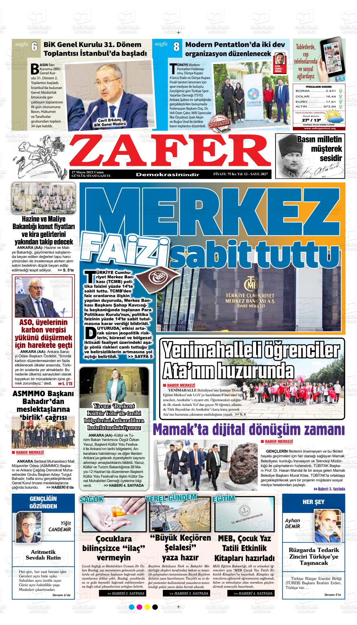 27 Mayıs 2022 Zafer Gazete Manşeti