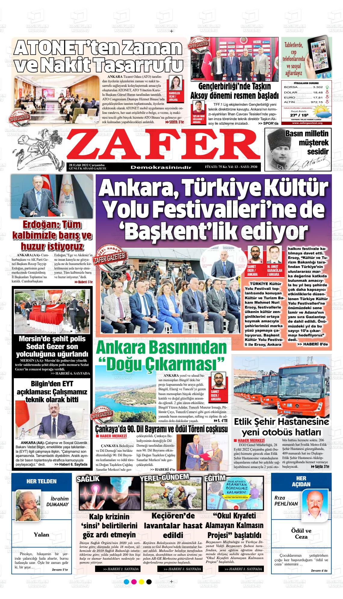 28 Eylül 2022 Zafer Gazete Manşeti