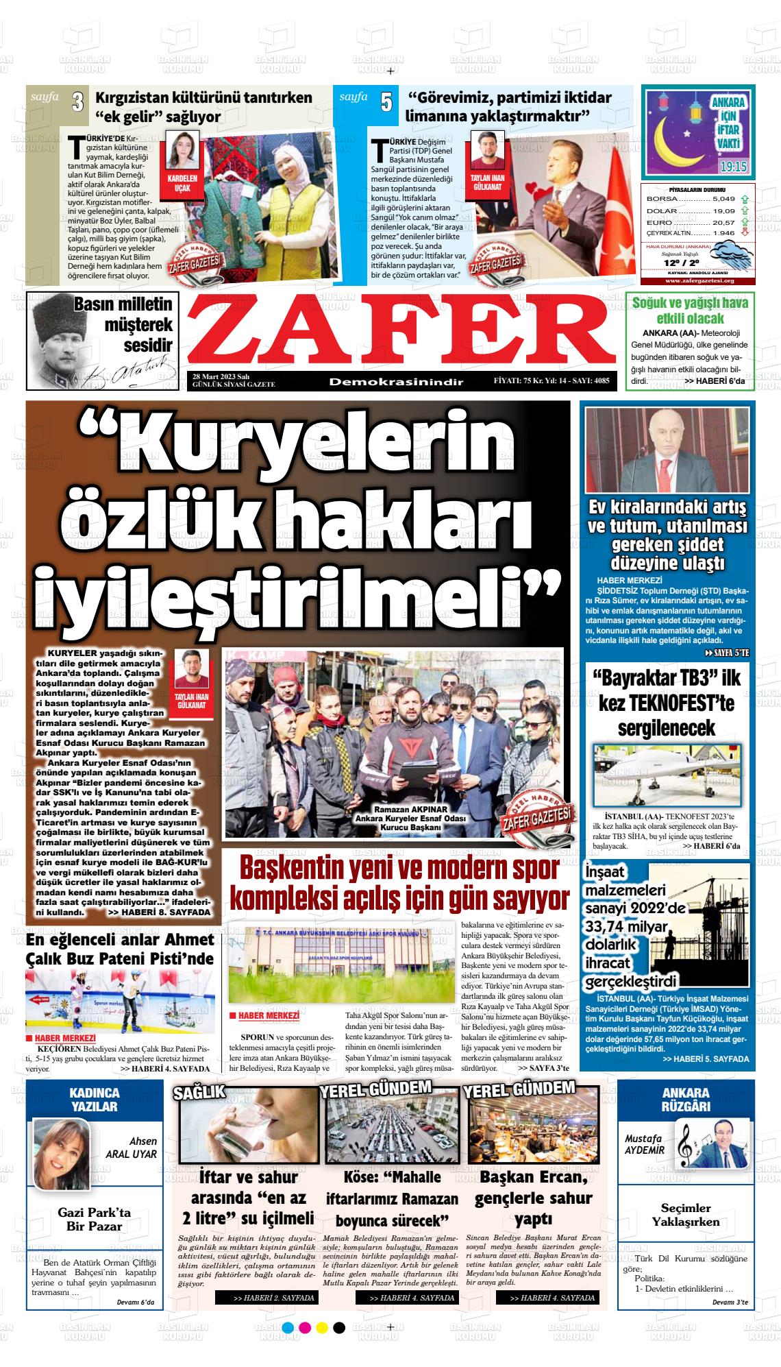 28 Mart 2023 Zafer Gazete Manşeti