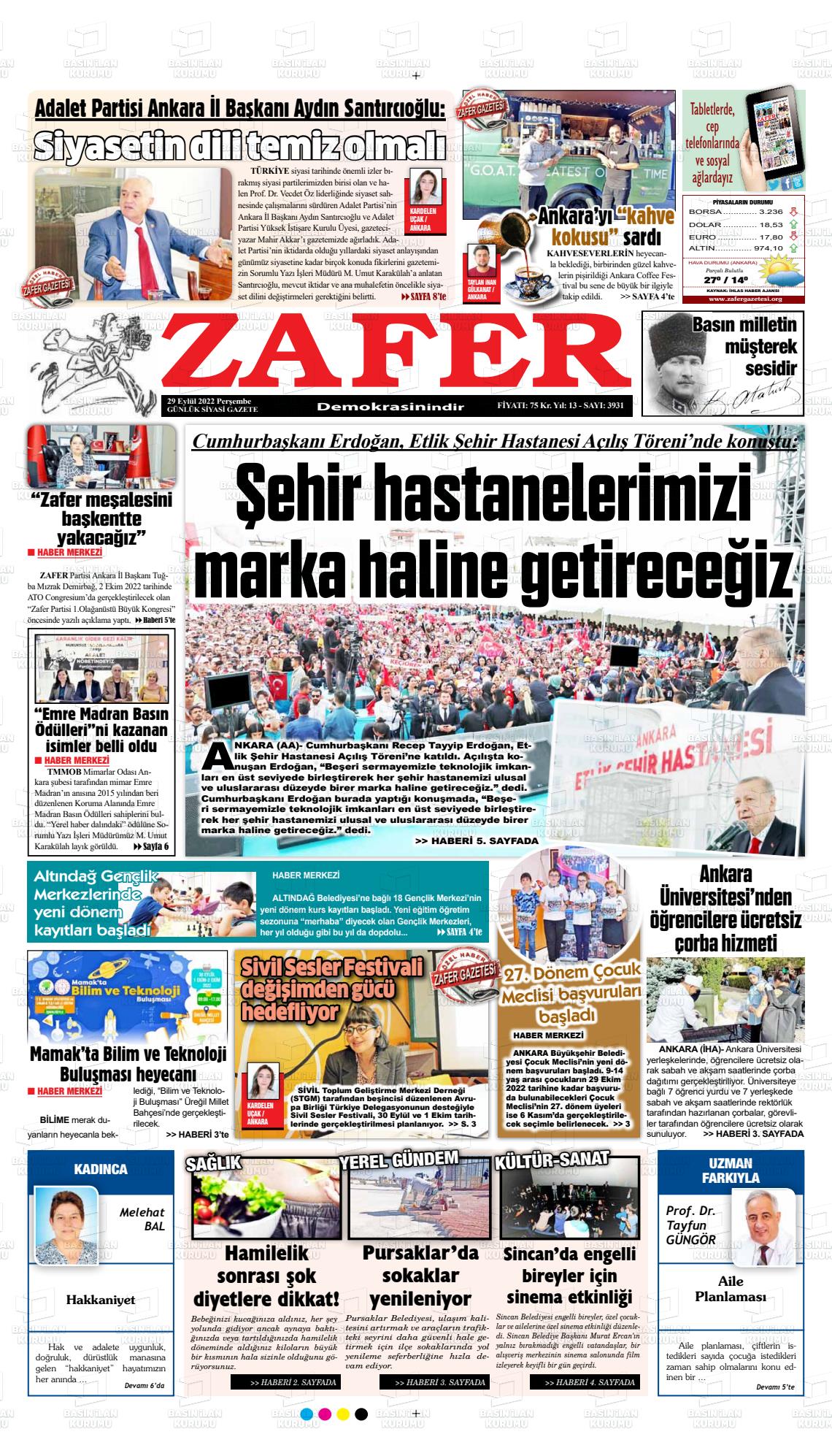 29 Eylül 2022 Zafer Gazete Manşeti