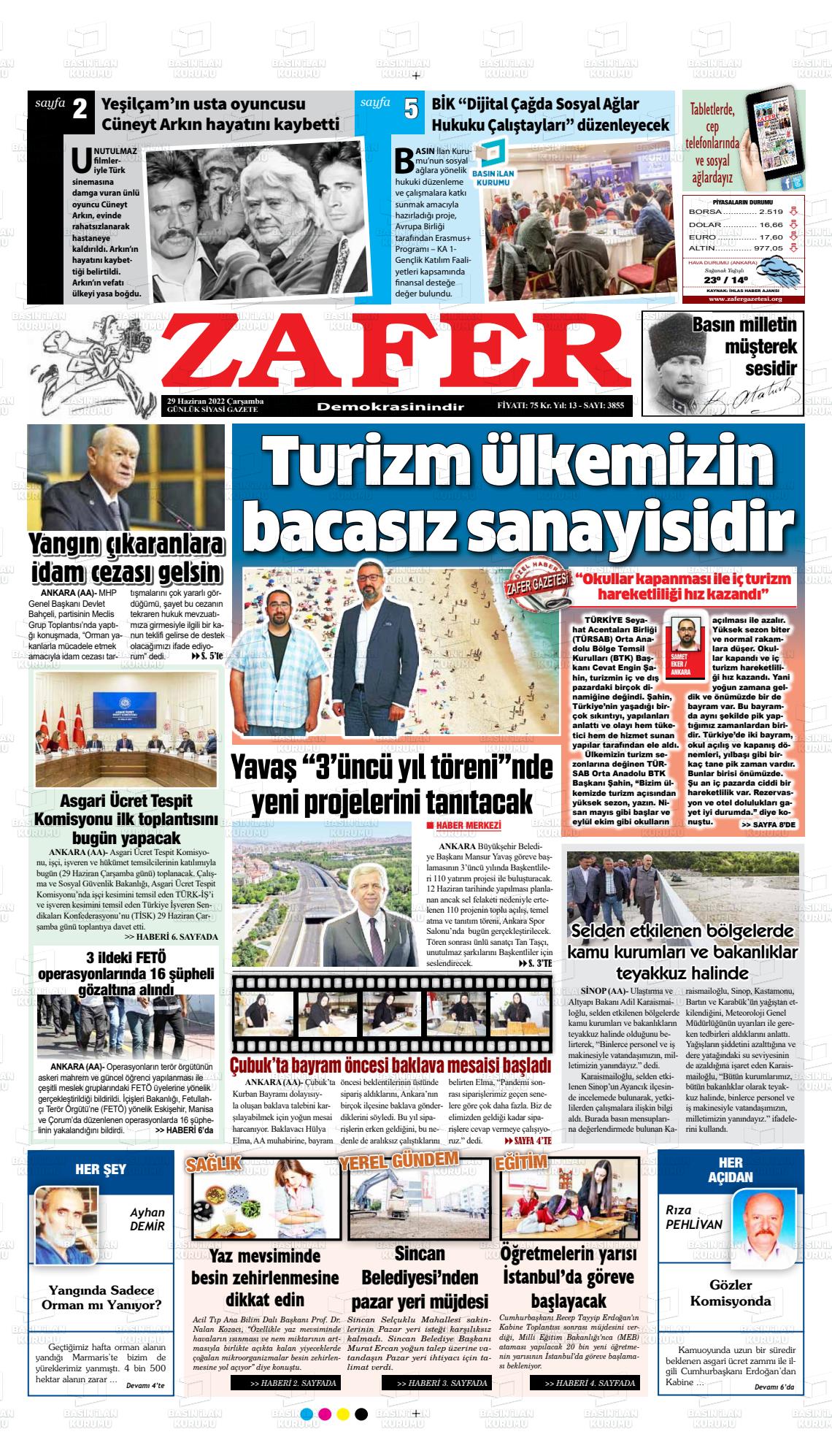 29 Haziran 2022 Zafer Gazete Manşeti