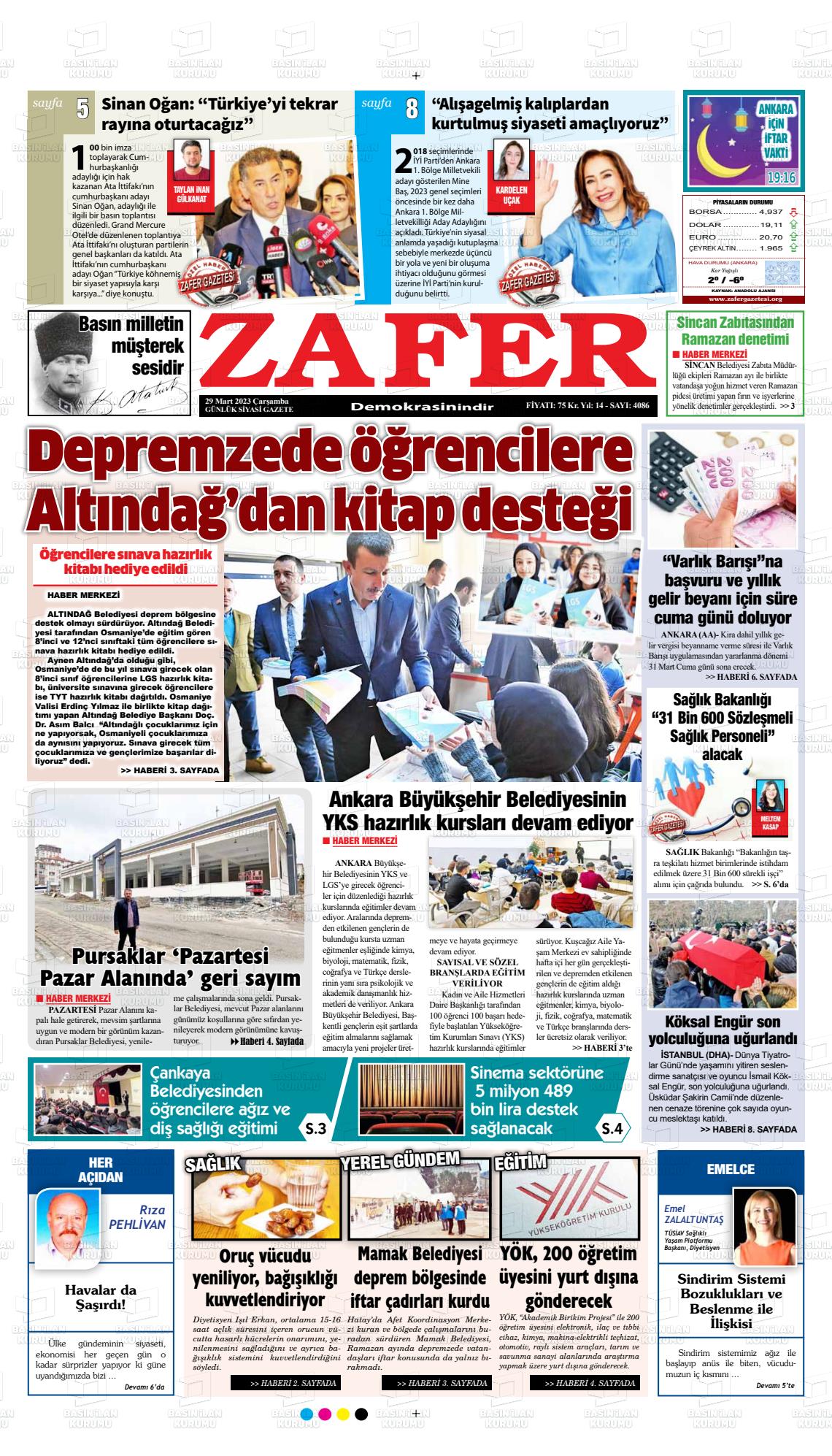 29 Mart 2023 Zafer Gazete Manşeti