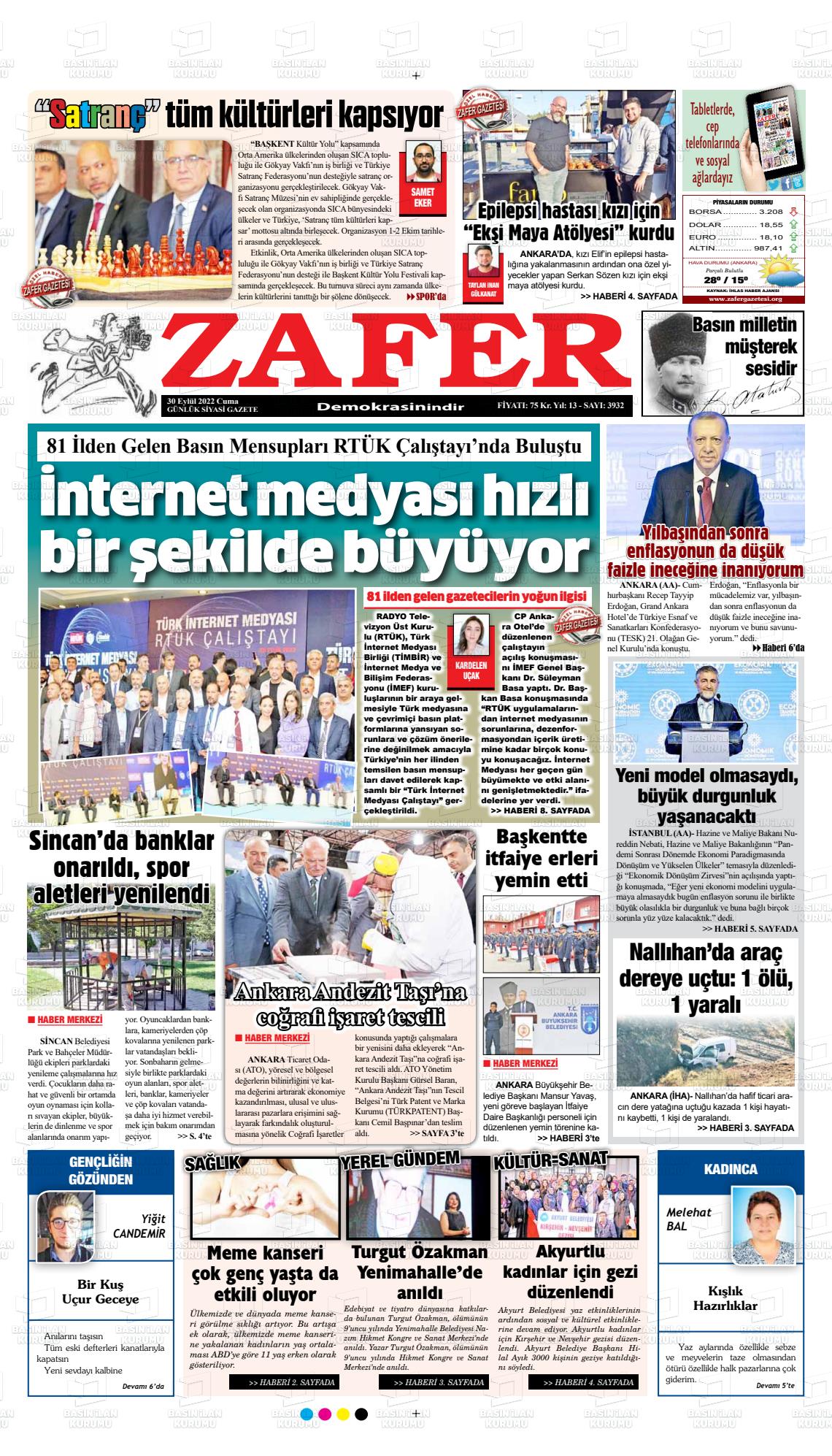 30 Eylül 2022 Zafer Gazete Manşeti