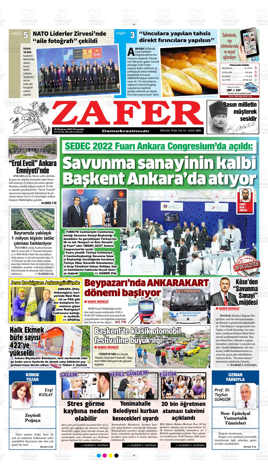 30 Haziran 2022 Zafer Gazete Manşeti