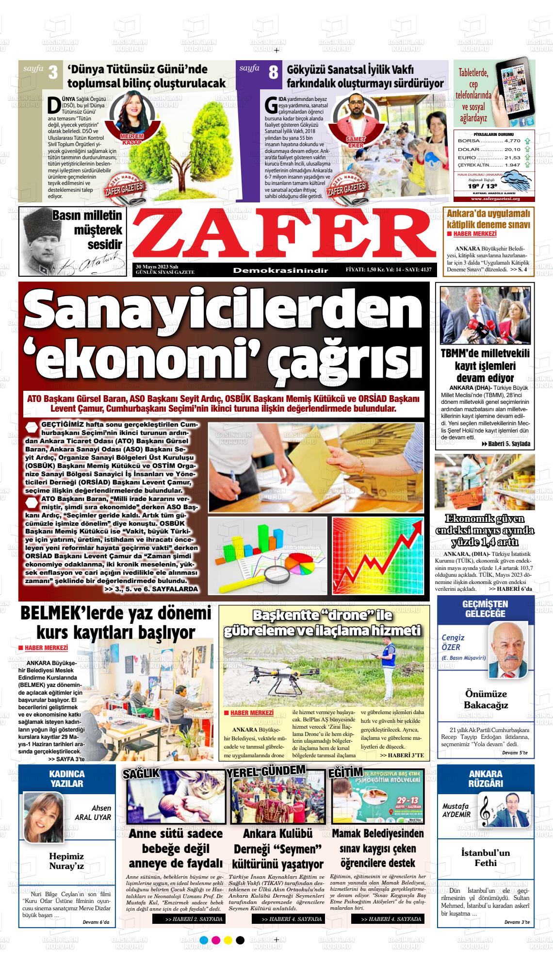 30 Mayıs 2023 Zafer Gazete Manşeti